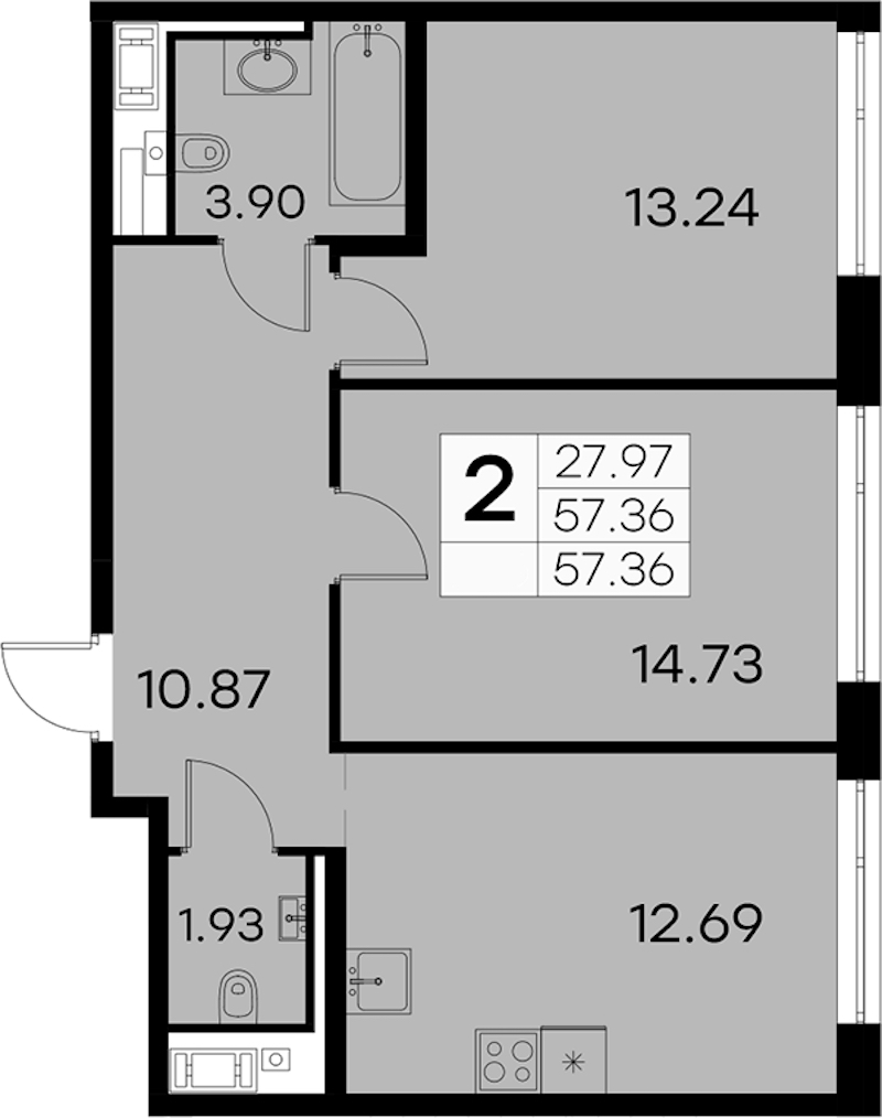 2-комнатная квартира 57.36 м², 13/19 эт., ЖК «GloraX Aura Vasileostrovsky»